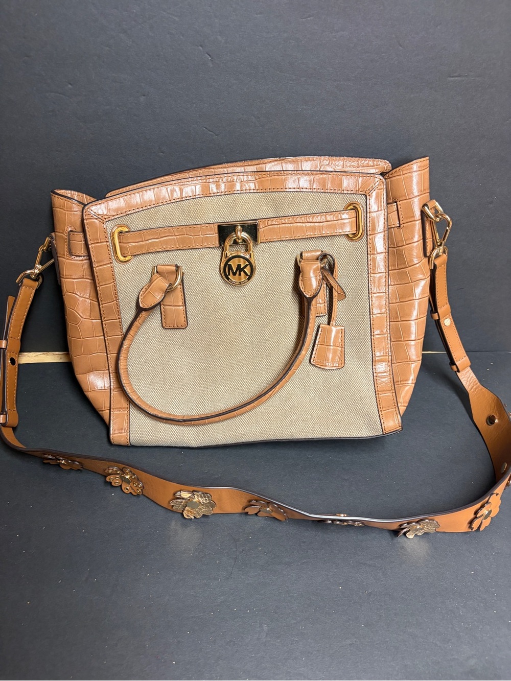 Michael Kors Tan and Beige Canvas Leather-Trim Shoulder Bag